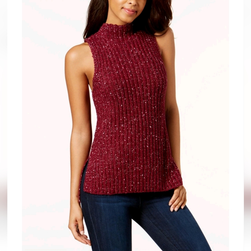 KENSIE Womens Burgundy White Speckle Sleeveless Mock Turtle Neck Sweater M